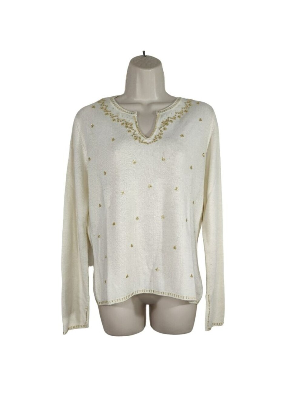 Vintage Ambra Pullover V-neck Sweater Women Size PL Cream Gold Bead Long Sleeve
